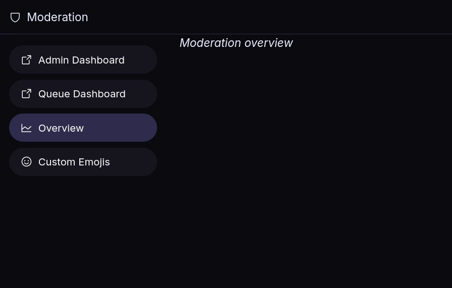 Screenshot of the iceshrimp.net moderation page that doesn't yet have anything on it except for the italicized text "Moderation overview".